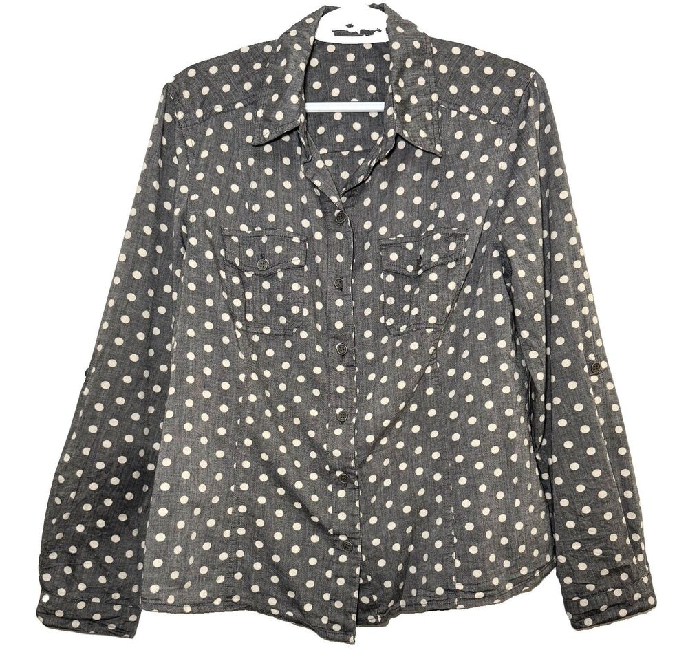 KUT From The Kloth Shirt Womens M Gray Polka Dot Chambray Cotton Button Down